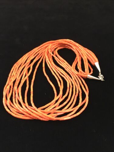 Native American Orange Spiny Heishi Necklace | 10 Strand | Sterling Silver | 20" | 10037