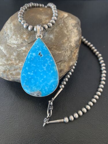 Navajo Pearls Blue Kingman Turquoise Necklace Pendant | Sterling Silver | Authentic Native American Handmade | 11810