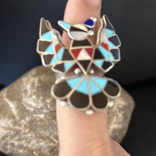 Zuni Peyote Bird Ring | Sterling Silver Turquoise Onyx Mother of Pearl Inlay | Sz 7.5 | 14448