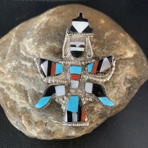 Authentic Native American Zuni Kachina Pin Pendant Necklace | Sterling Silver with Turquoise, Mother of Pearl & Onyx Inlay | 13687