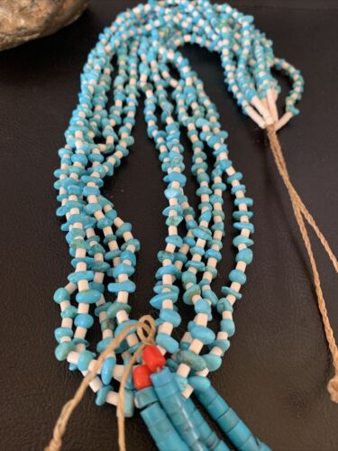 Native American Santo Domingo Blue Turquoise Coral Jacla Necklace | 5 Strand Nugget Bead | 34" | 13182