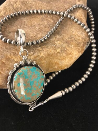 Navajo Pearls Sterling Silver Turquoise #8 Necklace Pendant | 2.5" | Signed | Authentic Native American Handmade | 3954