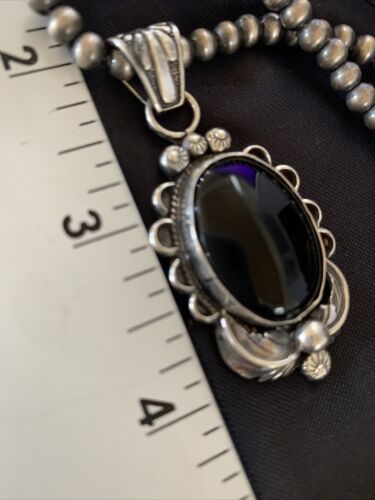 Native American Men's Navajo Pearls Necklace Pendant | Sterling Silver Black Onyx | 13093
