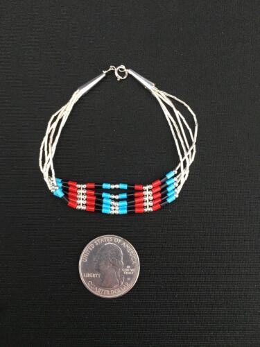 Multi-Color Turquoise Coral Liquid Heishi Bracelet | Sterling Silver | 7" | Authentic Native American Handmade | 13595