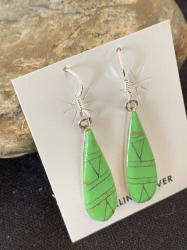 Southwestern Navajo Green Gaspeite Inlay Earrings | Sterling Silver | 1.5" | 977
