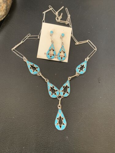 Southwestern Zuni Blue Turquoise Inlay Necklace | Sterling Silver | 19" | Native American Handmade | 11911