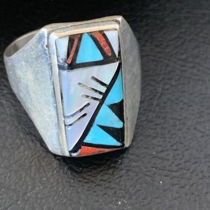 Native American Zuni Men's Spiny Blue Turquoise Ring | Sterling Silver Inlay | Sz 15 | 12425