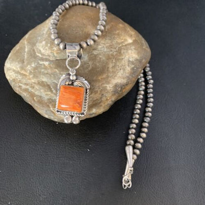 Navajo Orange Spiny Oyster Pendant | Sterling Silver | Authentic Native American Handmade | 13640