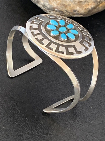 Men's Cluster Navajo Blue Kingman Turquoise Cuff Bracelet | Sterling Silver | Authentic Native American Handmade | 1652