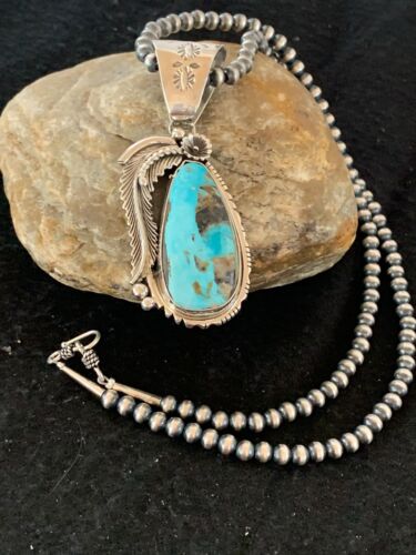 Men's Kingman Turquoise Pendant | Navajo Pearls Sterling Silver Necklace | Authentic Native American Handmade | 4301