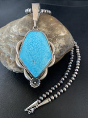 Men's Navajo Pearls Necklace with Blue Kingman Turquoise Pendant | Sterling Silver | Native American | 13255