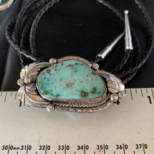 Navajo Green Royston Turquoise Bolo Tie | Sterling Silver | Authentic Native American Handmade | 14110