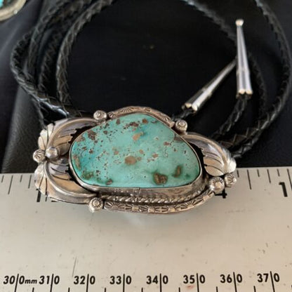 Navajo Green Royston Turquoise Bolo Tie | Sterling Silver | Authentic Native American Handmade | 14110
