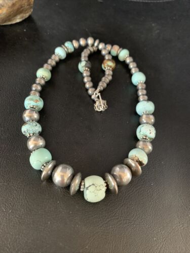 Dry Creek Turquoise Navajo Pearls Beaded Necklace | Sterling Silver | 21" | Authentic Native American Handmade | 14102 - Masha USA