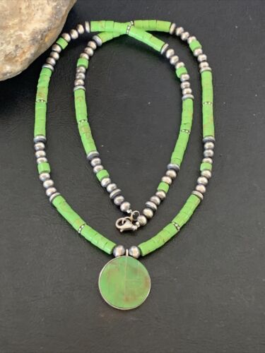 Navajo Green Gaspeite Turquoise Pendant | Sterling Silver | Authentic Native American Handmade | 12344