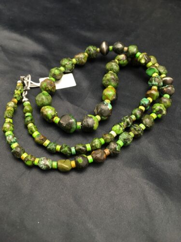 Navajo Green Nugget Graduated Turquoise Necklace | Sterling Silver | Authentic Native American | 24" | 8102