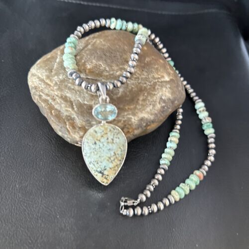 Navajo Green Turquoise Spiny Necklace with Naja Pendant | Authentic Native American Sterling Silver | Multi-Stone | 14234