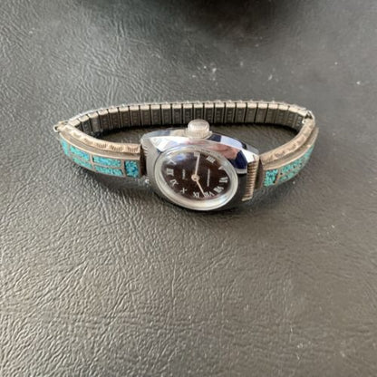 Navajo Sterling Silver Watch Tips | Old Pawn Blue Turquoise Chip Inlay Band | Authentic Native American Jewelry | 1639