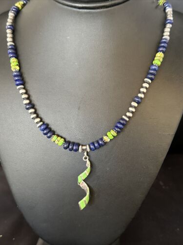 Navajo Green Turquoise Lapis Pendant Inlay Necklace | Sterling Silver | Authentic Native American Handmade | 14635