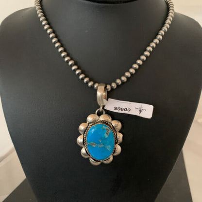 Men's Navajo Pearl Necklace with Blue Kingman Turquoise Pendant | Sterling Silver | 00905
