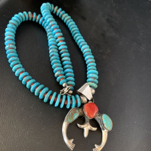 Navajo Sterling Silver Necklace with Blue Turquoise & Coral Naja Pendant | 13746