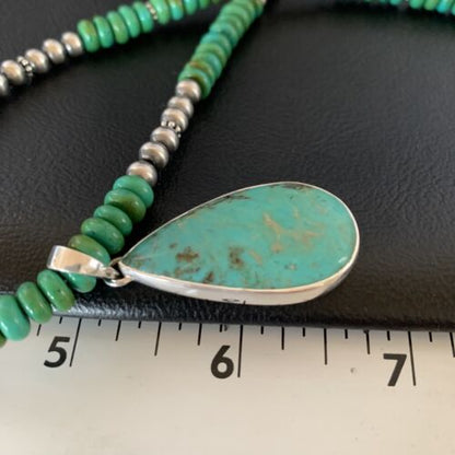 Navajo Pearls Green Turquoise Pendant Necklace | Sterling Silver Beads | Authentic Native American Handmade | 13308