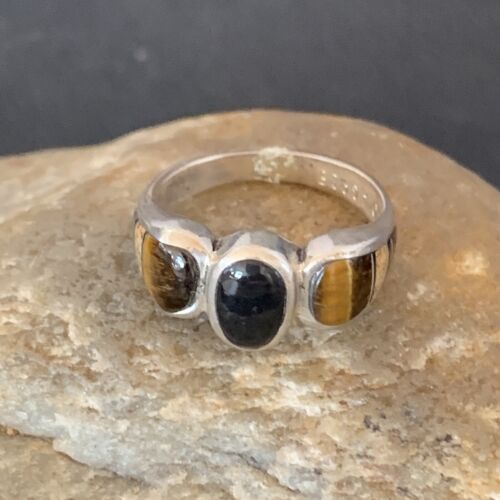 Navajo Black Onyx Coffee Tigers Eye Inlay Ring | Sterling Silver | Sz 8 | Authentic Native American Handmade | 10732