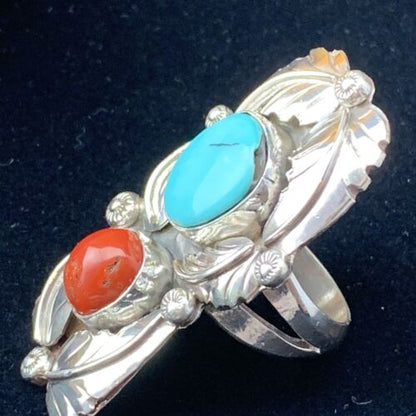 Navajo Royston Turquoise & Coral Ring | Authentic Native American Sterling Silver | Multi-Stone | Sz 8 | 01810