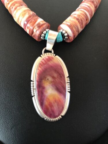 Navajo Sterling Silver Turquoise Spiny Oyster Bead Necklace Pendant | Southwestern Native American