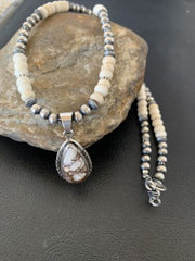 Navajo Pearls Wild Horse Turquoise Howlite Necklace Pendant | Sterling Silver | Authentic Native American Handmade | 1913