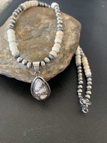 Navajo Pearls Wild Horse Turquoise Howlite Necklace Pendant | Sterling Silver | Authentic Native American Handmade | 1913