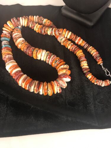 Handmade Turquoise & Spiny Oyster Necklace | Navajo Sterling Silver | Authentic Native American | 32"
