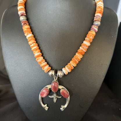 Navajo Purple Orange Spiny Oyster Naja Pendant Necklace | Sterling Silver | 14812