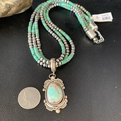 Navajo Royston Turquoise Pendant | Sterling Silver | 3-Strand Spiny Necklace | Authentic Native American Handmade | 01676