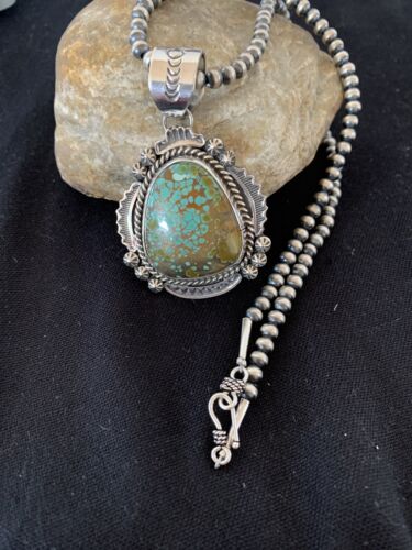 Men's Sterling Silver Turquoise #8 Pendant | Navajo Pearl Necklace | Authentic Native American Handmade | 207