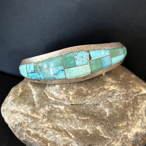 Native American Men's Blue Green Turquoise Inlay Bracelet | Sterling Silver | 14529