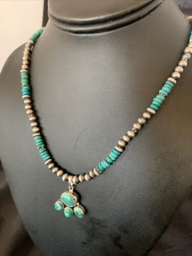 Navajo Pearl Necklace with Blue Cluster Turquoise and Multi-Stone Pendant | Authentic Native American Sterling Silver | 12546