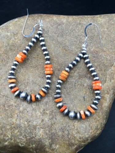 Native American Spiny Oyster Bead Earrings | Navajo Sterling Silver | 2" | 4341