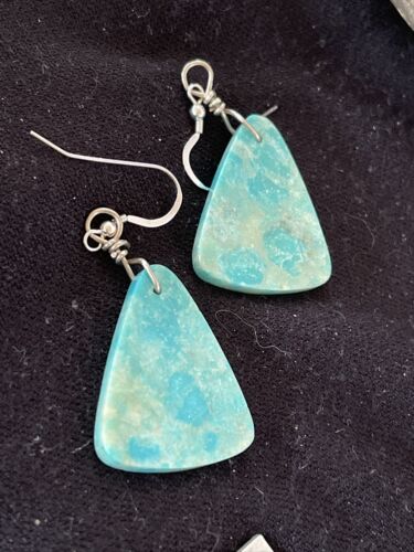 Southwestern Navajo Slab Turquoise Dangle Earrings | Sterling Silver | Authentic Native American Handmade | 1325