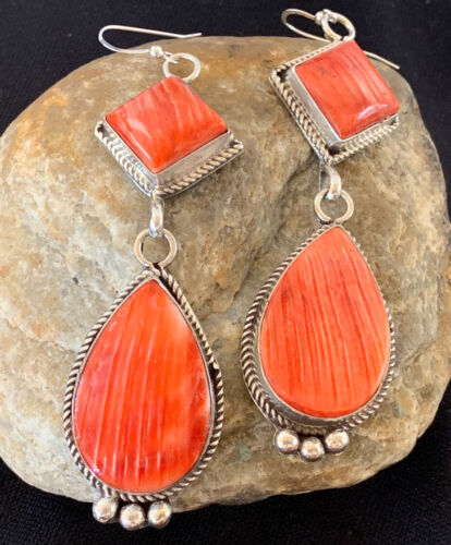 Navajo Red Spiny Oyster Dangle Earrings | Sterling Silver | Authentic Native American Handmade | 203