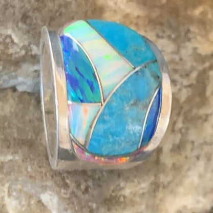 Navajo Blue Turquoise Opal Inlay Men's Pinky Ring | Sz 7 | Sterling Silver Band | 12859