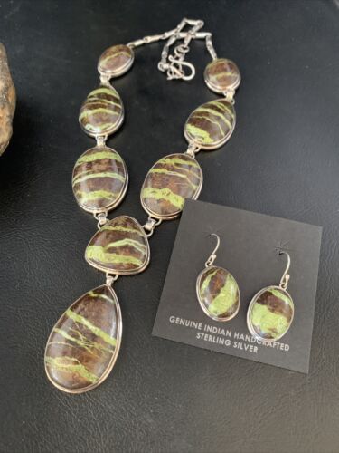 Navajo Green Gaspeite Necklace Choker Earrings Set | Sterling Silver Pendant | 19" | Authentic Native American Handmade | 13793