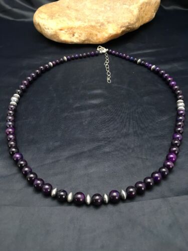 Navajo | Purple Sugilite | Round Bead Necklace | Sterling Silver | Authentic Native American Handmade | 22" | 8110
