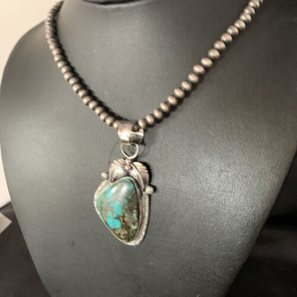 Navajo Spiderweb Turquoise Pendant Necklace | 2.25" | Sterling Silver | Authentic Native American Handmade | 13979