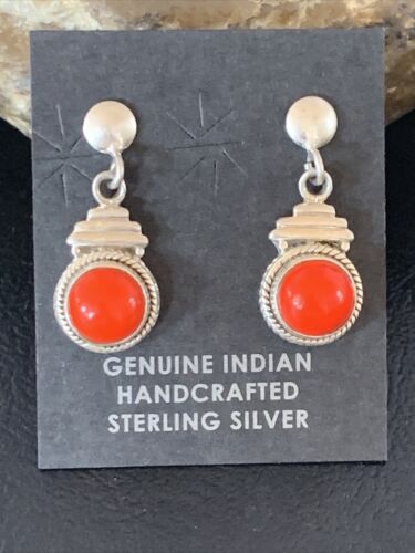 Native American Navajo Red Coral Dangle Earrings | Sterling Silver | 1" | 13113 - Masha USA