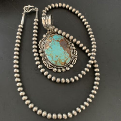 Navajo Pearls Necklace with Blue Turquoise #8 Pendant | Sterling Silver | Authentic Native American Handmade | 11312