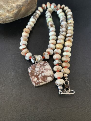 Navajo Coral Wild Horse Turquoise Pendant Necklace | Sterling Silver | Authentic Native American Handmade | 10267