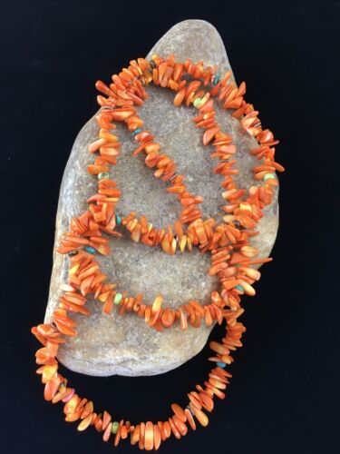 Navajo Orange Coral Turquoise Necklace | Sterling Silver | 35" | Authentic Native American Handmade | 1772