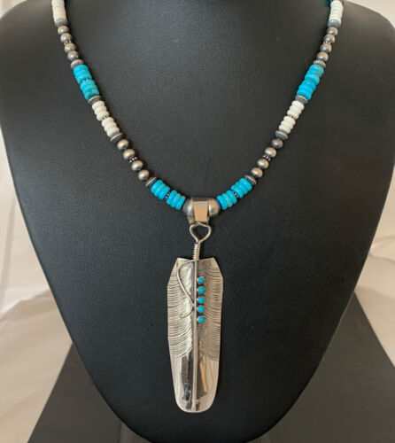 Navajo Turquoise Multi-Stone Feather Pendant | Authentic Native American Sterling Silver | Handmade | 3.5" | 02133