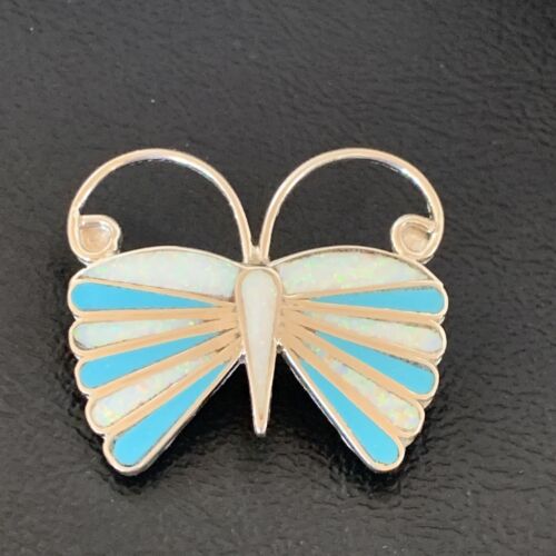 Zuni Blue Turquoise White Opal Butterfly Necklace Pin Pendant | Sterling Silver | 11972